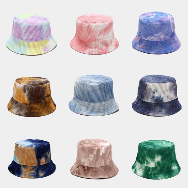 

new tie-dye corduroy fisherman hat female autumn and winter outdoor versatile double-sided bucket hat1, Blue;gray