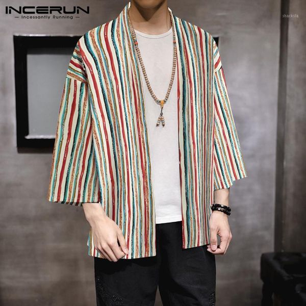 

man retro cardigan open stitch fashion loose harajuku kimono camisa men vintage stripe shirts long sleeve blouse incerun 71, White;black