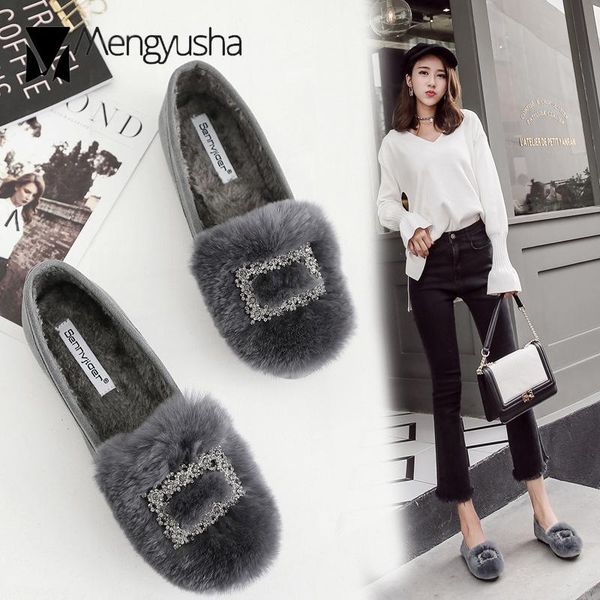 

woman crystal fleeces flats paillette metal buckle fur loafers furry hair moccasins 40 comfy plush pregnant shoes female, Black