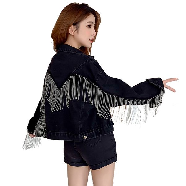 

chain bf tassel short denim jacket splicing black autumn streetwear high waist cropped chaqueta jeans mujer biwj, Black;brown