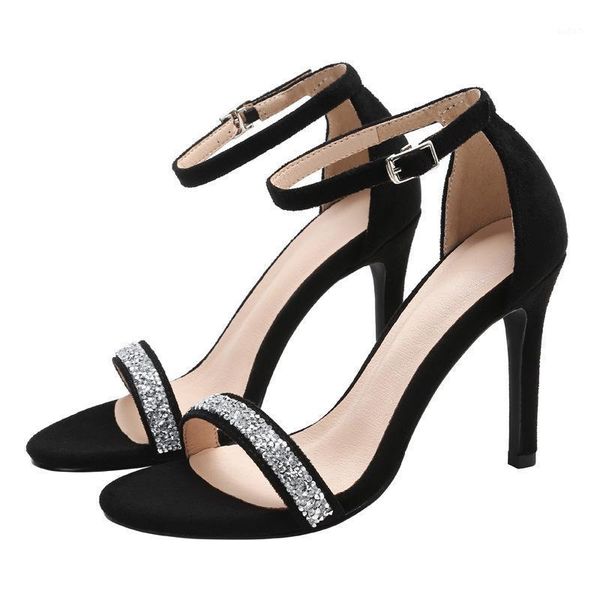

sandals 2021 spring and summer word buckle open-toe high-heeled fine heel round head rhinestone wild women's shoes1, Black