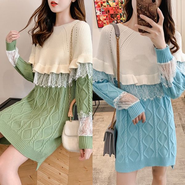 

lace stitching knitted dresslace dressdress fall winter 2019 new korean version of small fragrance color contrast dress bottoming sweater 01, Black;gray