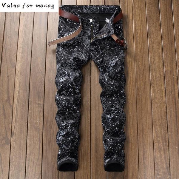 

черные тонкие мужские напечатанные джинсы мода стрейч карандаш брюки, Blue