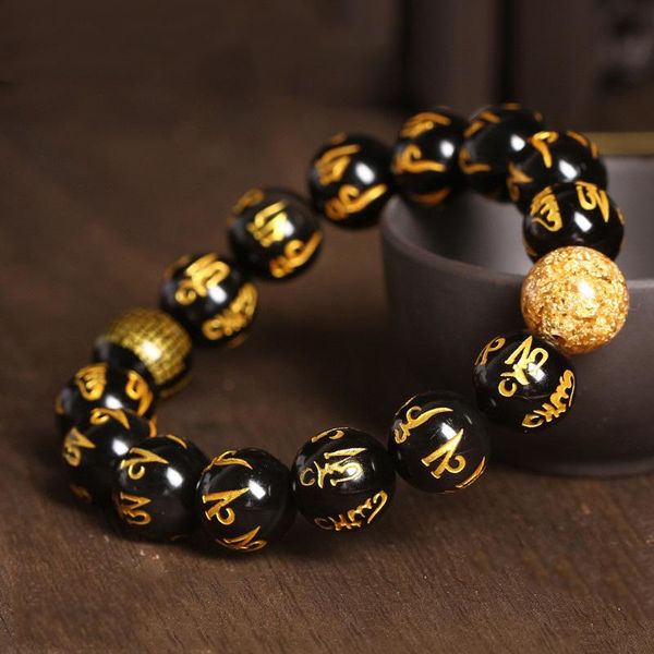 

natural black obsidian bracelet 6 words gold leaf beads black stone beaded bangle bracelets dropship diy jewelry dropship