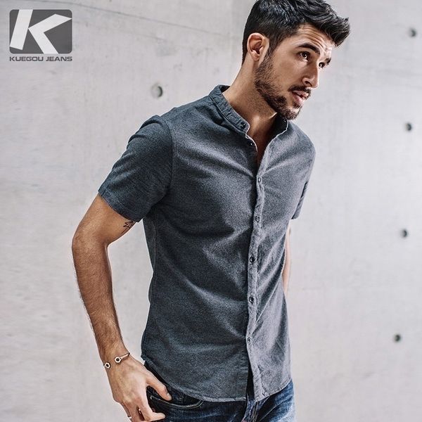 Kuegou verão 100% algodão liso cinza camisa homens vestido casual slim fit manga curta para marca masculina plus size roupas 5859 201026