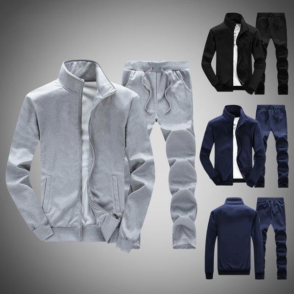 

solid tracksuits 2020 men sets sweatshirt 2 pieces spring summer men's sportswear set jacket+pants male casual zipper track suit, Gray