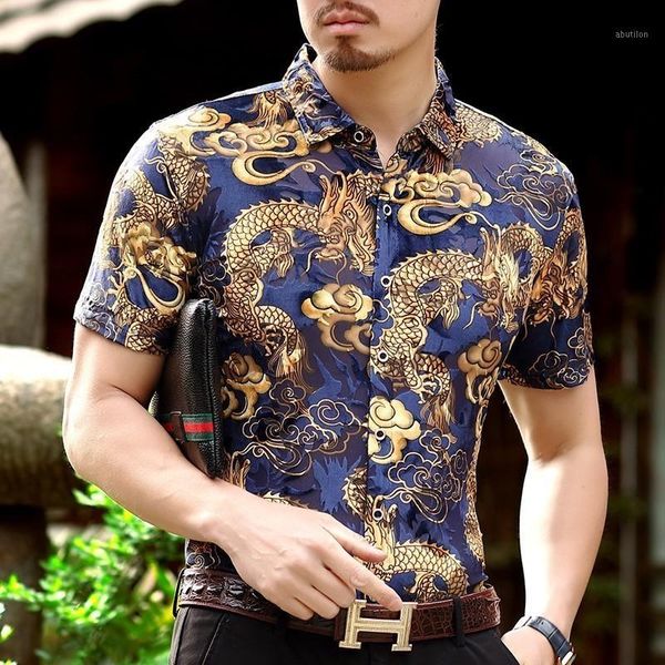 

men's casual shirts dragon gold short sleeve summer blue velvet hawaiian burn out transparent male shirt camicia uomo1, White;black