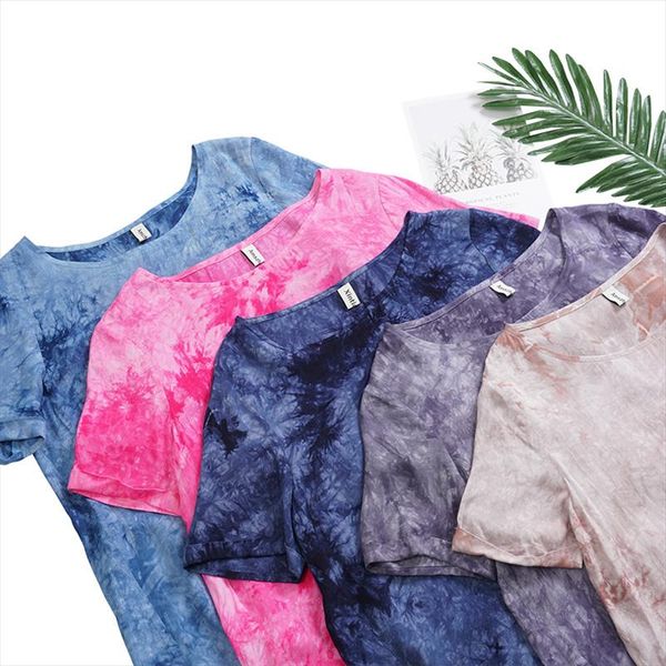 

casual loose tie dyed cotton women t shirt harajuku short sleeve o neck shirt for girls very soft m30311, White