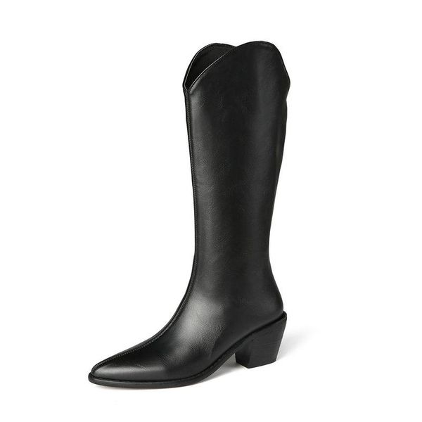 

2021 pointed toe knee high boots pu leather autumn winter zipper women shoes square heel fashion long boots big size 34-43, Black