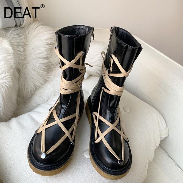 

boots [deat] 2021 round toe bandage black casual personality pu leather velvet women short autumn winter fashion tide 10f264