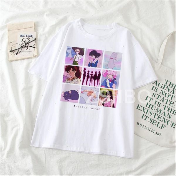 

new japan sailor harajuku moon cartoon anime fun print female chic t shirt women casual ulzzang kawaii cute cat tees, White