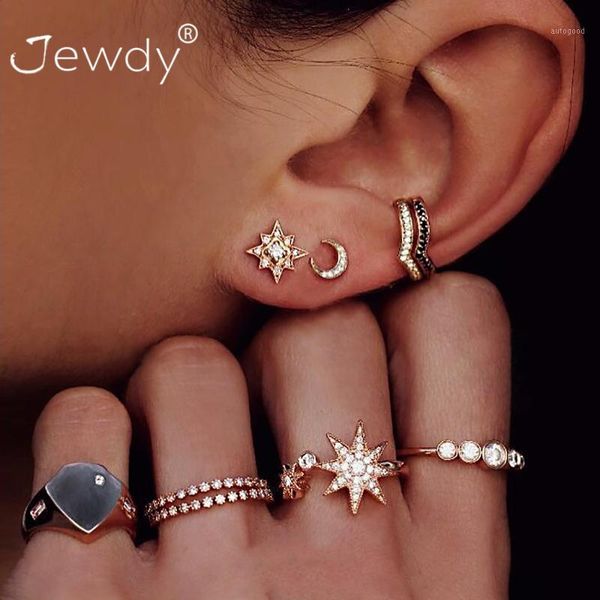 

earrings & necklace 9 pcs/set bohemian moon star heart stud rings set for women 2021 fashion crystal flower earring boucle d'oreille fe, Silver