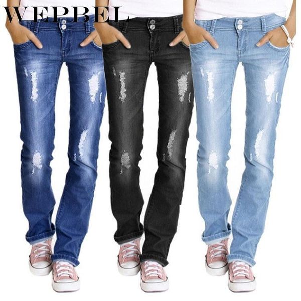 

wepbel casual jeans women's ripped jeans mid waist hole bleached vintage full length denim pencil pants1, Blue