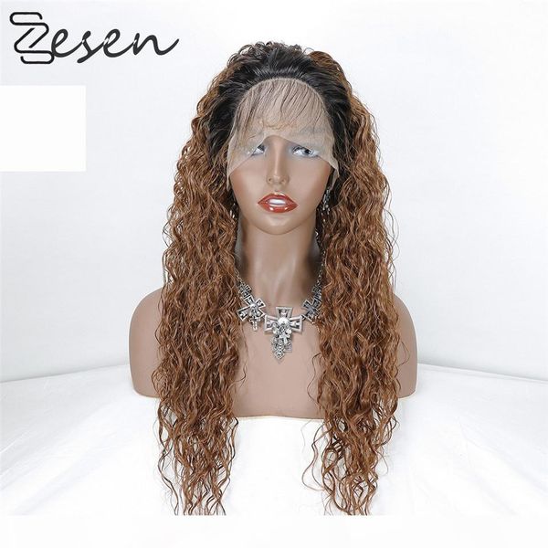 

zesen heat resistant fiber hair curly wavy synthetic wig ombre auburn color synthetic lace front wigs for women baby hair, Black