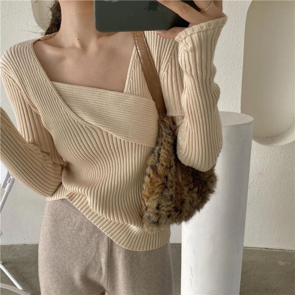 

autumn and winter new style square collar knitted bottoming small shirt, net red long sleeve wool upper garment, female students' slim