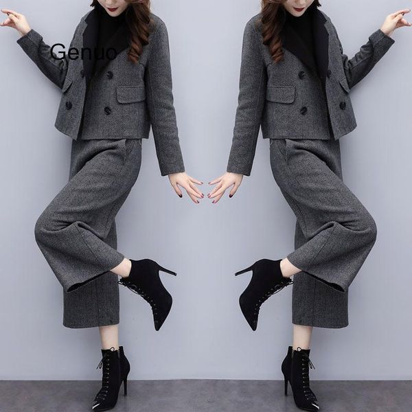 

women's tracksuits autumn winter woolen two piece sets outfits women plus size short coat and wide leg pants suits elegant office korea, Gray
