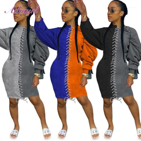 

casual color patchwork long sleeve lace up bandage loose mini dress women autumn winter streetwear shirt dresses outfit vestidos1, Black;gray