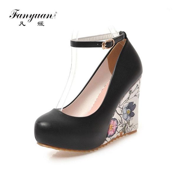 

dress shoes fanyuan women's ankle strap flower print high heel wedge woman 2021 buckle up platform pumps big size 33-431, Black