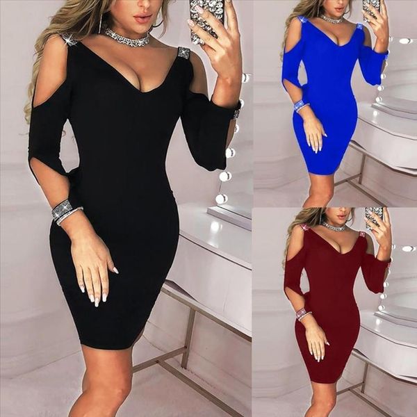 

elegant woman evening ceremony clothes party lady drilling cold shoulder long sleeve v neck bodycon mini dress, Black;gray