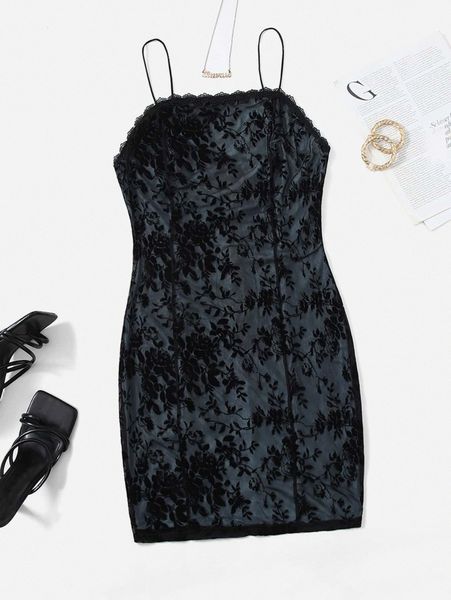 

plus lace trim floral mesh cami dress 65jr#, Black