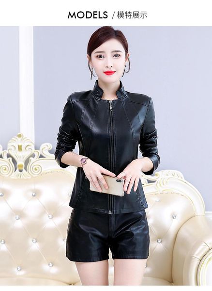 

women's leather & faux coat spring and autumn 2021 short fit sheepskin motorcycle jacket, Black