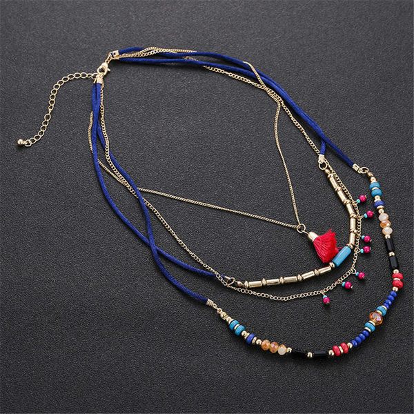 

layer ethnic style multi bohemian rice bead fashion chain tassel pendant holiday necklace, Silver