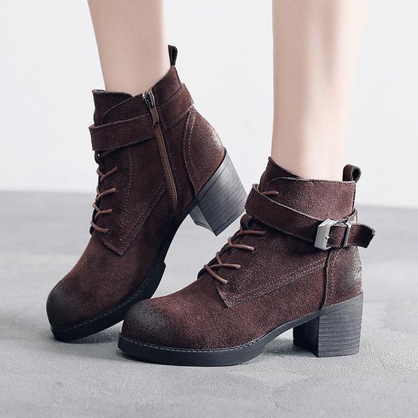 

block heels genuine leather boots women's autumn winter shoes 2021 cow suede platform ankle boots women motorcycle short1, Black
