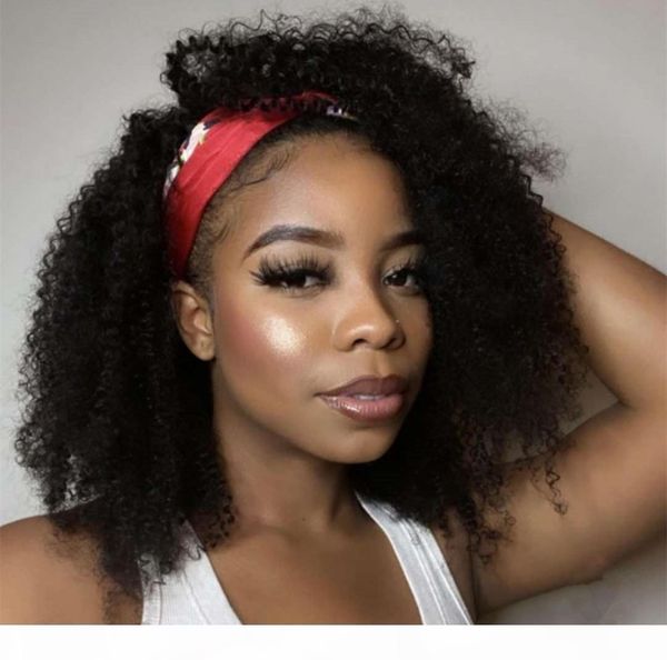 

short kinky headband wig human hair coily brazilian headband half wigs for black women remy hair machine made wig 150% density natural, Black;brown