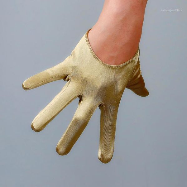 Guanti a cinque dita da donna Elegante elastico color oro Mezzo palmo in raso Guanto femminile Primavera Estate Protezione solare Danza Guida corta 13 cm