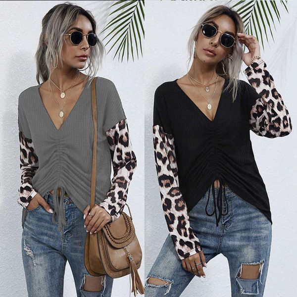 

color and casual matching t-shirt pleating with for women's autumn fit leopard print multi-functional top, Black;gray