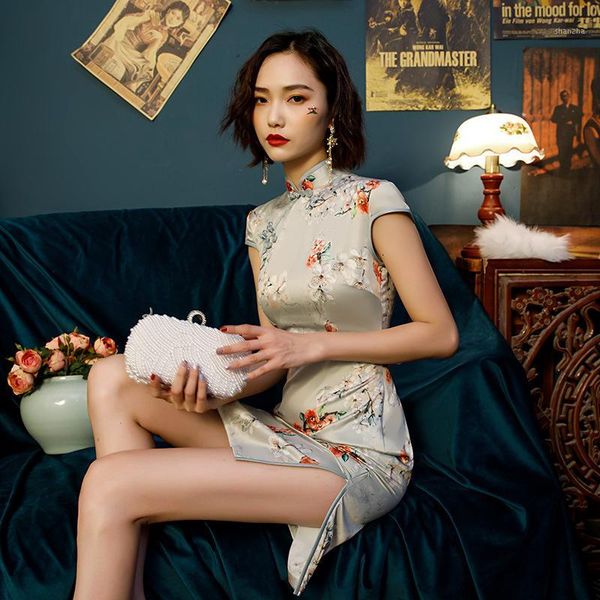 

chinese style short qipao slim ladies print satin cheongsam summer formal dress novelty national dress s-3xl1, Red