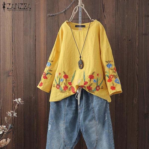 

summer blouse women vintage floral embroidery long sleeve tunic robe casual party blusas femme cotton linen shirt t200321, White