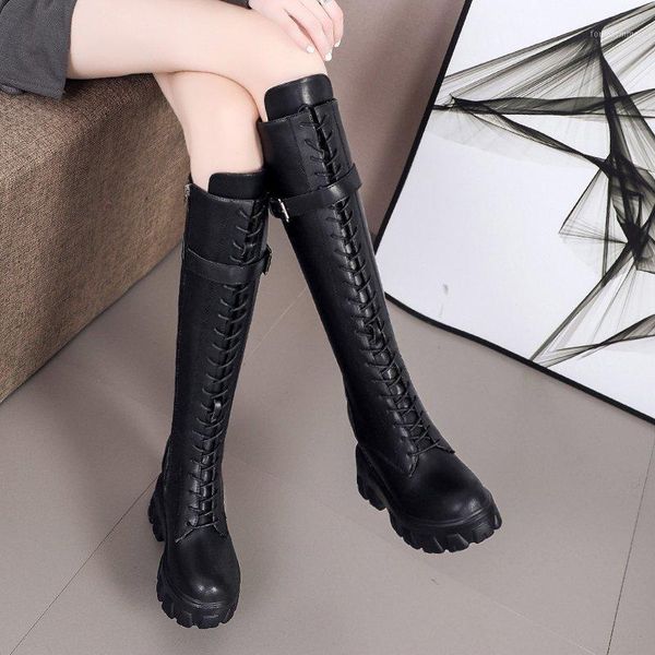 

boots 2021 autumn women's high platform fashion lace up heels shoes woman thick bottom wedges boots1, Black