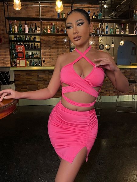 

sxy criss cross cut out backless crop halter & ruched split hem skirt 83zb#, White