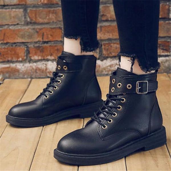 

boots women classic fashion leather ankle autumn winter lace up high casual waterproof shoes female plush warm, Black