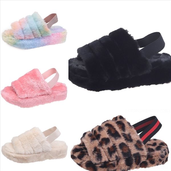 

46e new fashion plush ladies cotton-padded slippers children fox bow slippers open toe new winter warm furry slippers hair plush fashion, Black