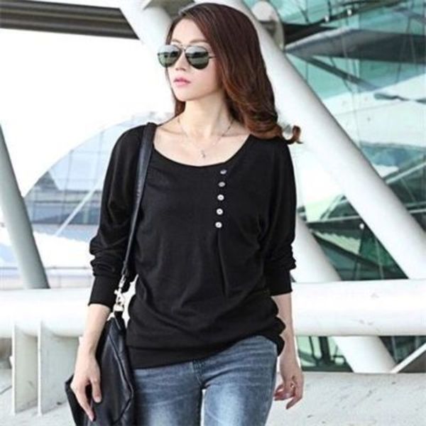 

foola new spring and autumn new versatil fashion t-shirt solid color large sleeve crew neck button bottomed t-shirt simple loose bat size an, White