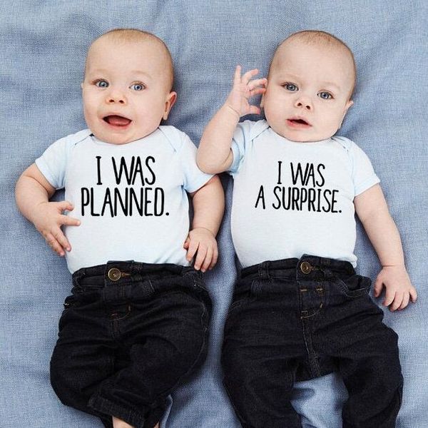 

rompers i was planned and a surprise born twins baby boys girls cute body short sleeve outfits, Blue