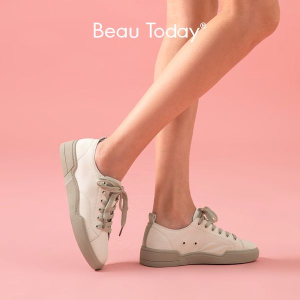 

beautoday white sneakers women genuine cow leather round toe lace-up closure spring autumn lady casual flat shoes handmade 29067, Black
