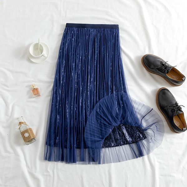 

2021 new sequined spring summer women mesh high waist pleated fashion female tutu tulle skirt ogav, Black
