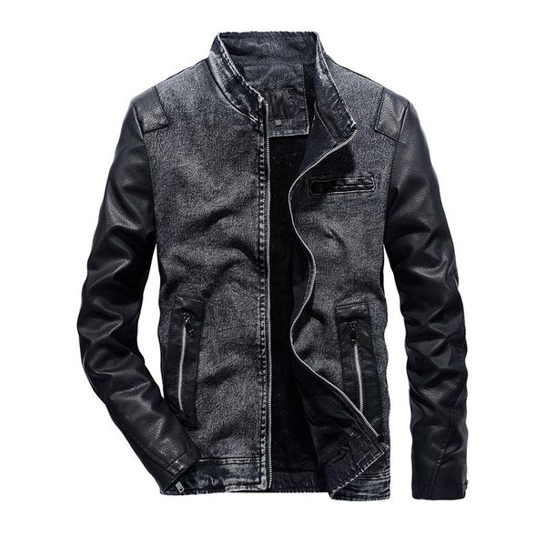 

autumn men jacket leather sleeve coat patchwork men's denim jacket streetwear thick warm winter outwear, Black;brown