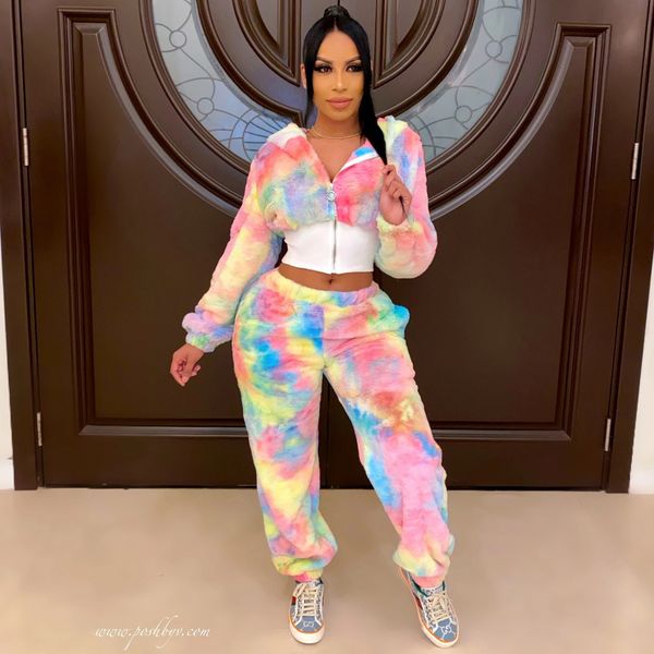 

tie dye plush womens outsuits winter warm fashionable long sleeve women clothing 2 pieces casual loose designer 2pcs, White