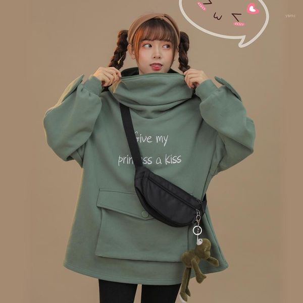 

letters print cute harajuku women frog pullover hoodies loose sweatshirt avocado green hooded lovely thick autumn, Black
