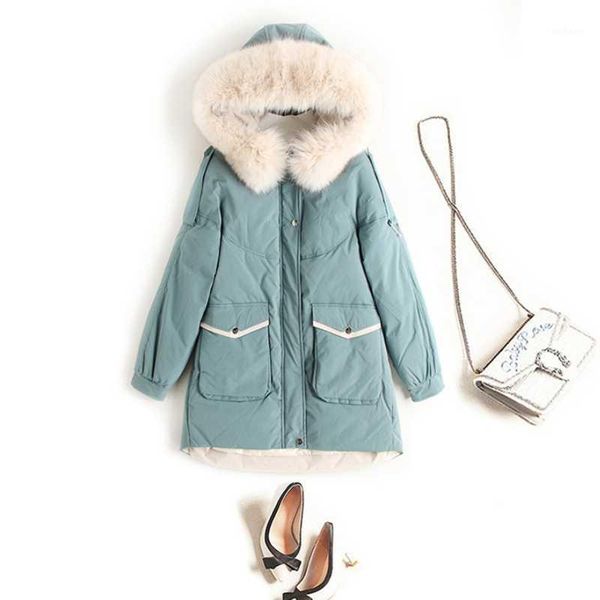 

women long duck down jacket with big fur collar female fashion warm loose coat lady korean style solid color down clothes1, Black