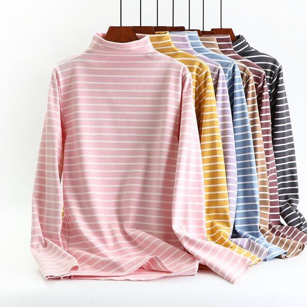 

delong fleece underwear women's autumn and winter striped half high collar long sleeve bottoming shirtmiddle-aged underwear wool wool a, White