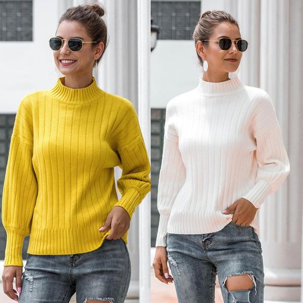 

women female ladies leisure elegant warm soft winter casual mock neck solid color lantern half sleeve knitted sweaters, White;black