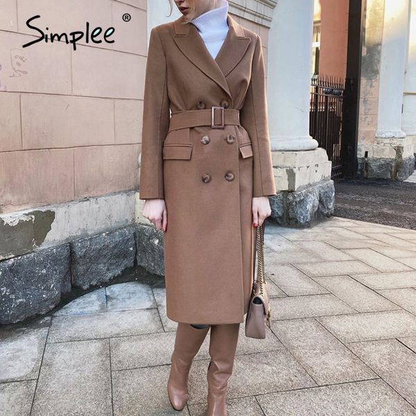 

simplee straight double-breasted camel colour outwear casual autumn winter coat belt elegant long woolen overcoat female, Tan;black