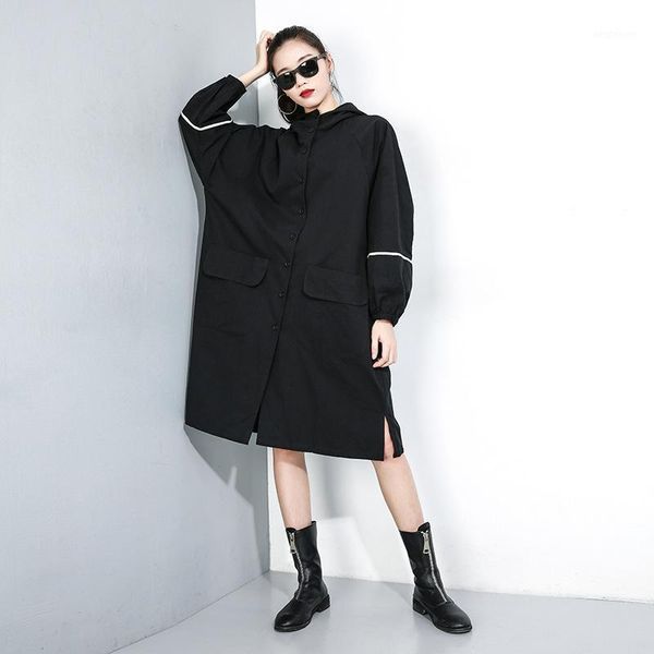 

women's trench coats 2021 autumn hooded black windbreaker sideslit long coat for women pockets high street female a71z401, Tan;black