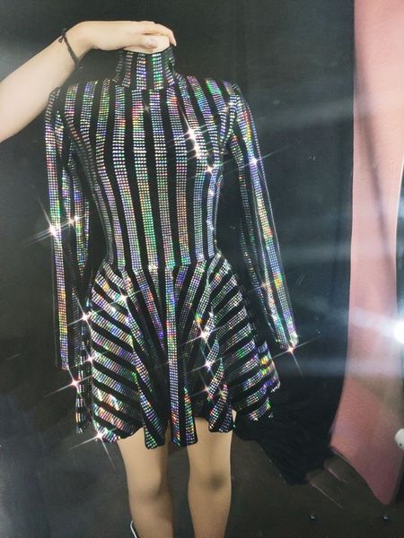 

multi-color stripe sequins black velvet short dress women singer dancer stage concert performance outfit birthday party celebration costume, White;black