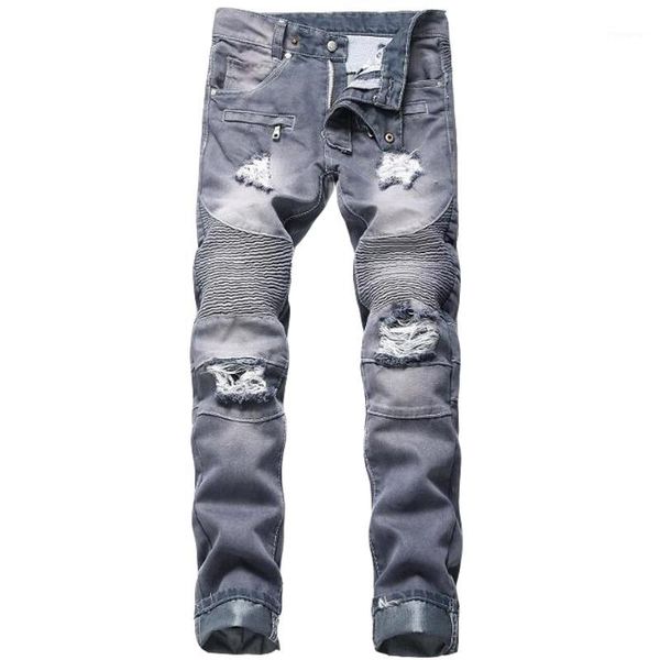 

jewuto 2020 men jeans brand hole straight moto biker jeans men denim pants for black blue1, Blue